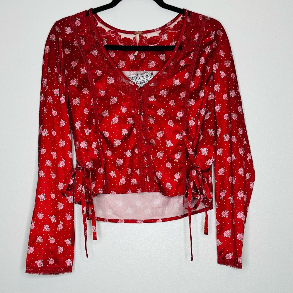 Free People Red Crop Tie Front Blouse